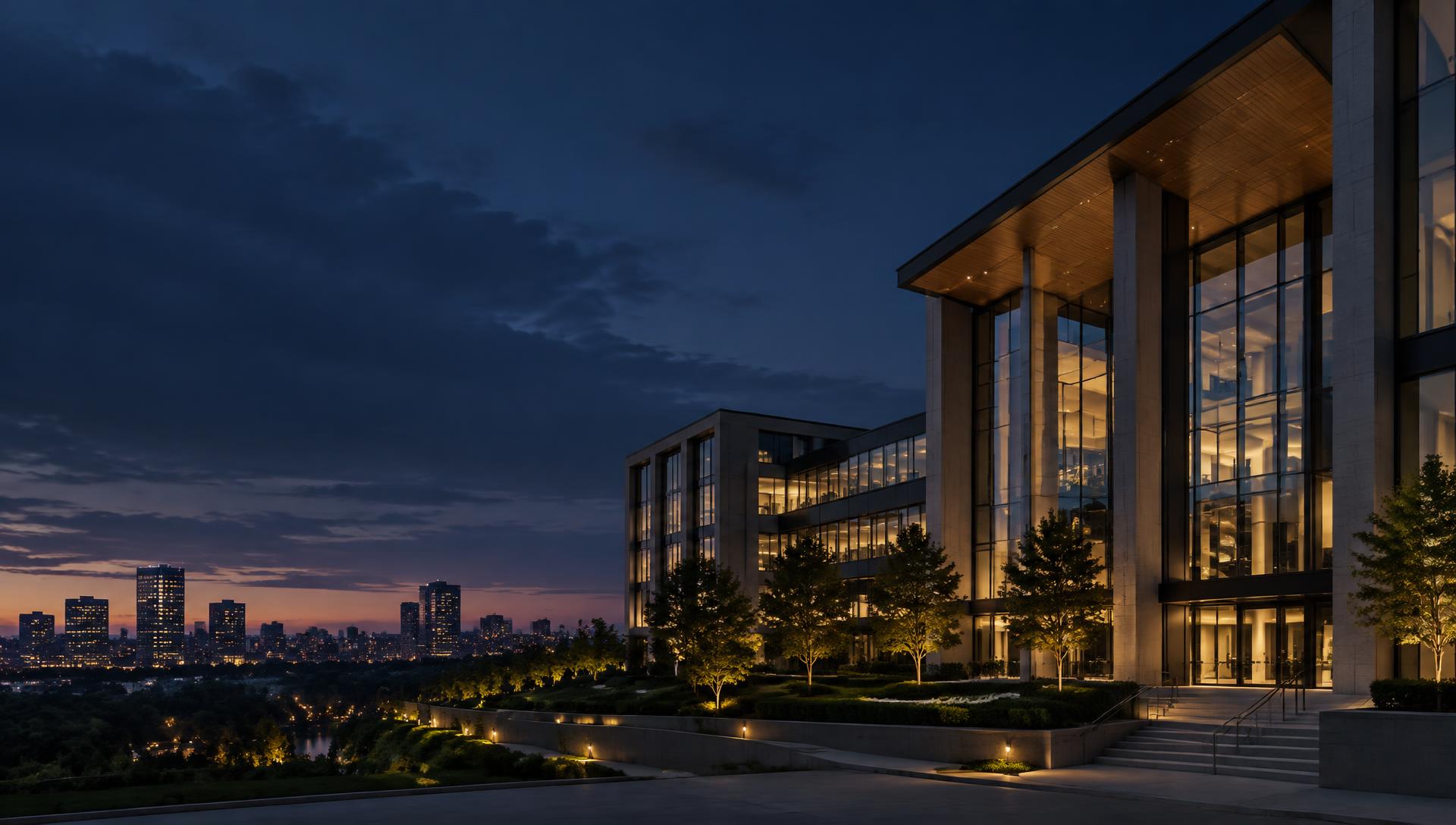 Contemporary business campus illuminated at dusk